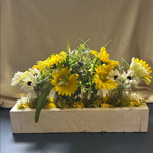 Yellow and White Floral Arrangement in Wooden Box - Picture 2 of 4